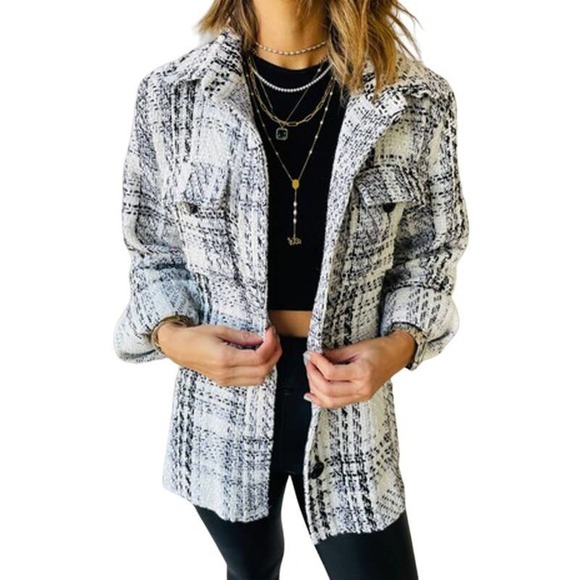 EL Kanna Jackets & Blazers - White Black Plaid Print Button Pocketed Shirt Jacket Versatile Shacket